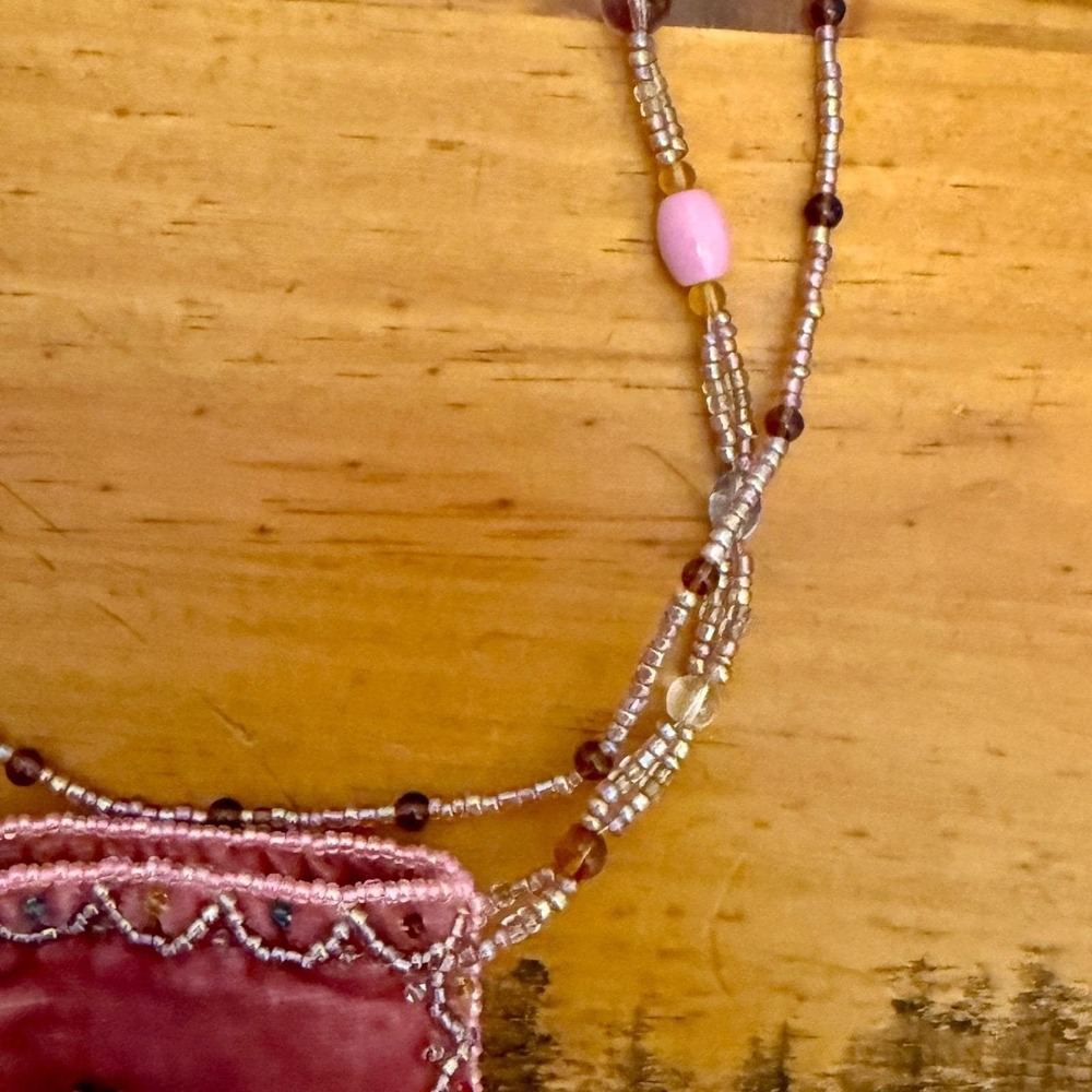 Vintage Pink Velvet Beaded Kokopelli Pouch Necklace Boho Crossbody Mini Bag 90s - Picture 5 of 12